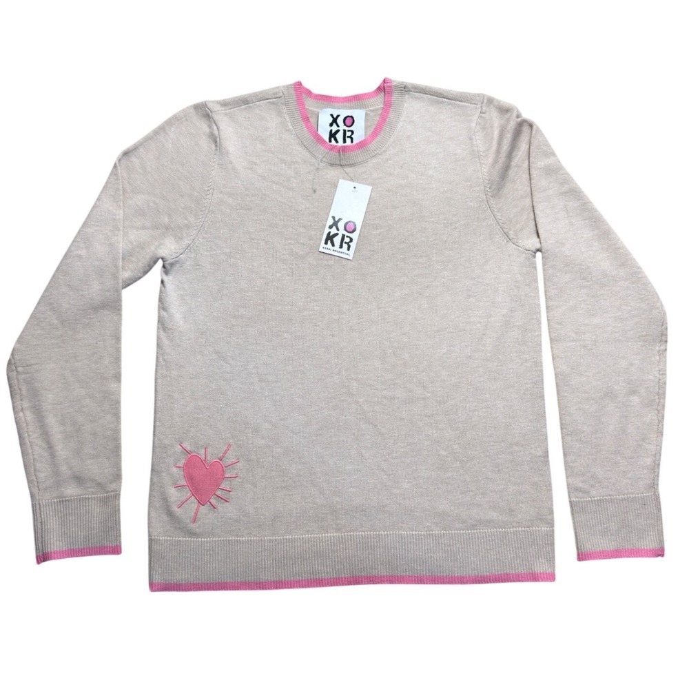 XOKR Kerri Rosenthal Heart Sunshine Crewneck Sweater Beige Pink Medium NWT